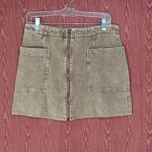 SHE & SKY Brown Corduroy Mini Skirt 2 Pockets Full Zip A-LINE NWT